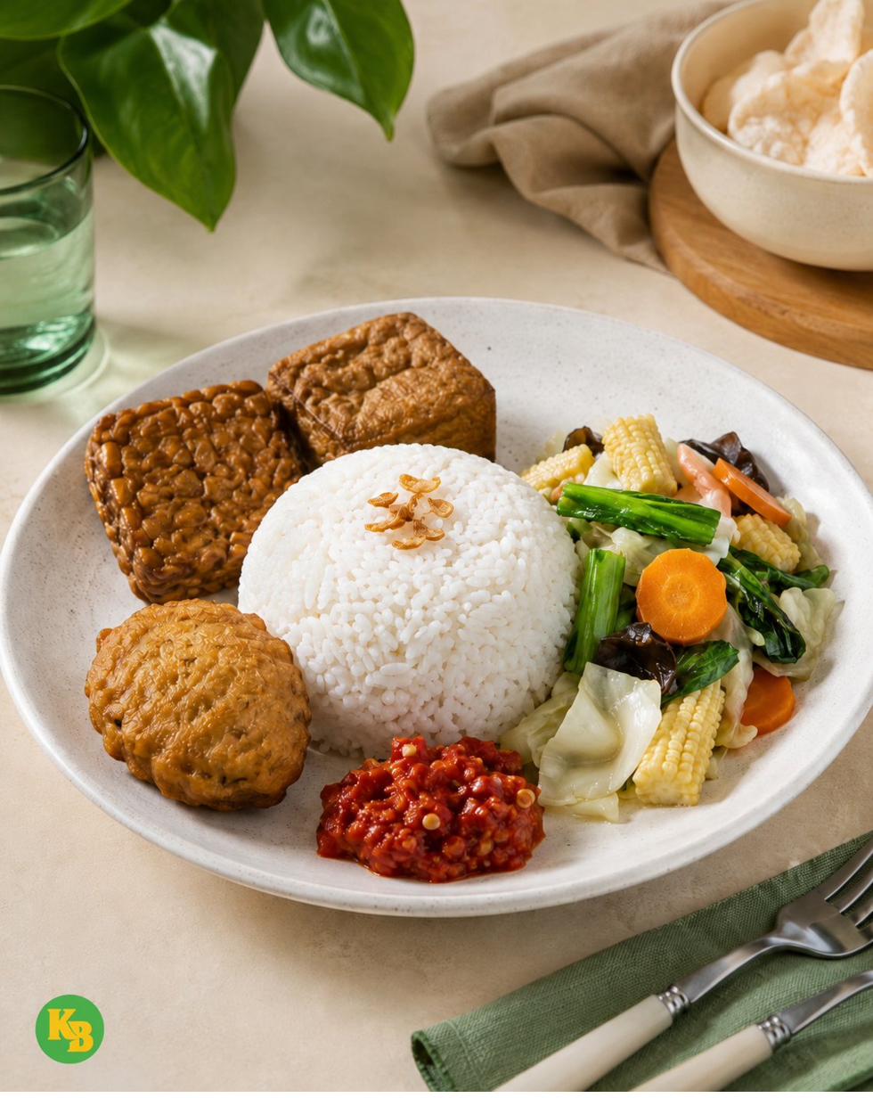 Menu nasi tempe Warteg Karunia Bahari dengan sayur dan sambal