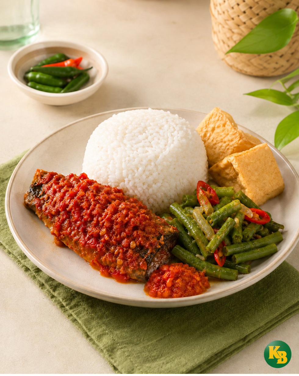 Nasi rendang dengan sayur kangkung di Warteg Karunia Bahari